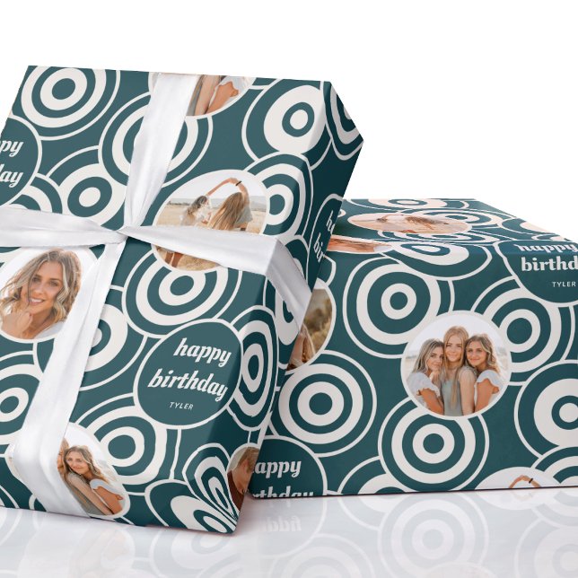 Papier Cadeau Anniversaire Photo Collage Retro Cercles Turquoise (Créateur téléchargé)