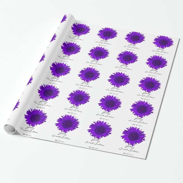 Papier Cadeau Anniversaire pourpre du bonbon 16 à tournesols (Déroulé)