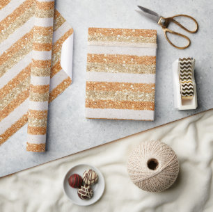 Papier Cadeau Anniversaire Rayures Crème Paillettes Orange Doré