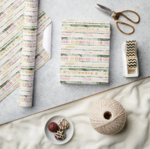 Papier Cadeau Anniversaire Rayures Crème Vert Rose