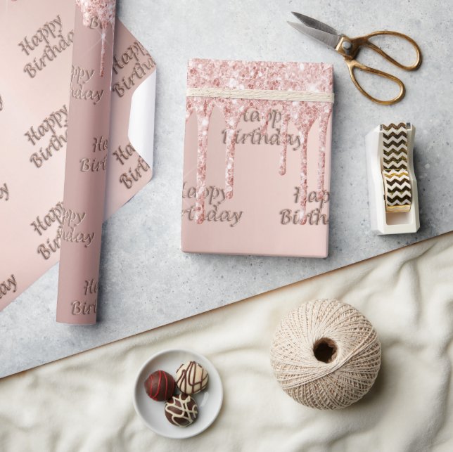 Papier Cadeau Anniversaire rose gouttes d'or rose (Artisanat)