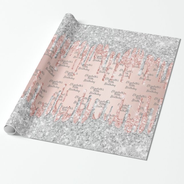 Papier Cadeau Anniversaire rose or parties scintillant gouttes r (Déroulé)
