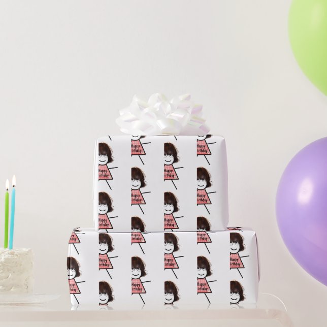 Papier Cadeau Anniversaire Stick Girl avec En vichy robe (Cadeaux de fête)