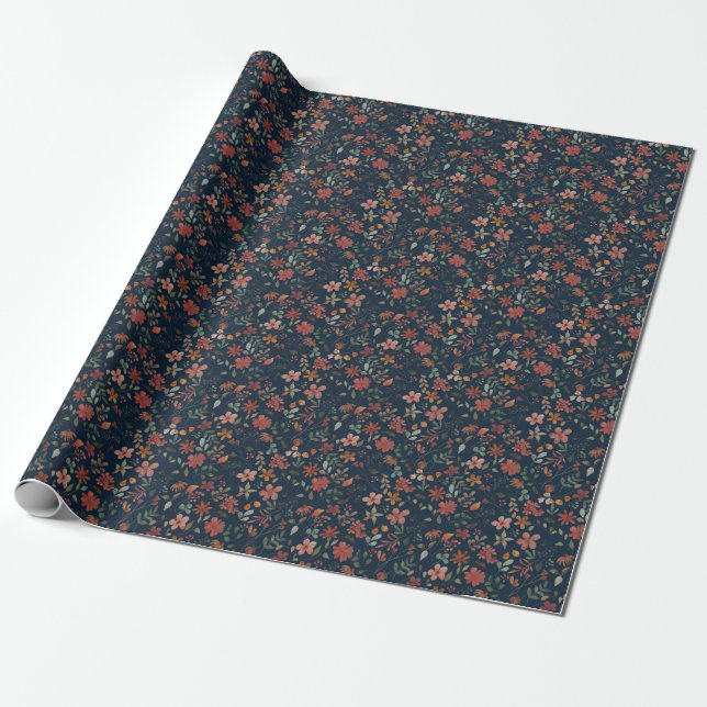 Papier Cadeau Antique aquarelle Imprimer floral sur marine (Déroulé)