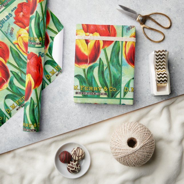 Papier Cadeau Antique Garden Advertisement, Yellow Red Tulips (Artisanat)