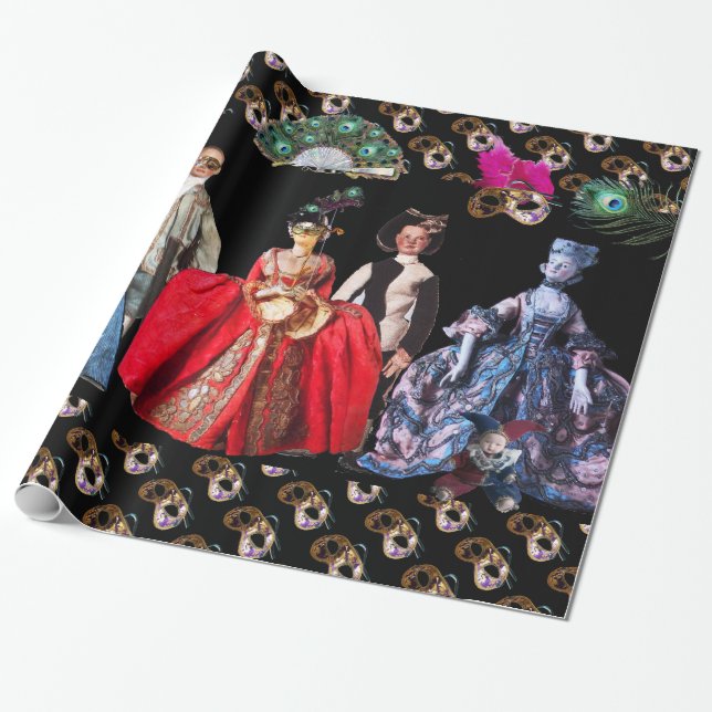 PAPIER CADEAU ANTIQUE ITALIENNE PUPPETS ET MASQUES MASQUERADE PA (Déroulé)