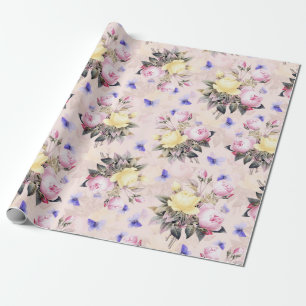 Papier Cadeau Antique Nostalgale Redouté Bouquets de fleurs Rose