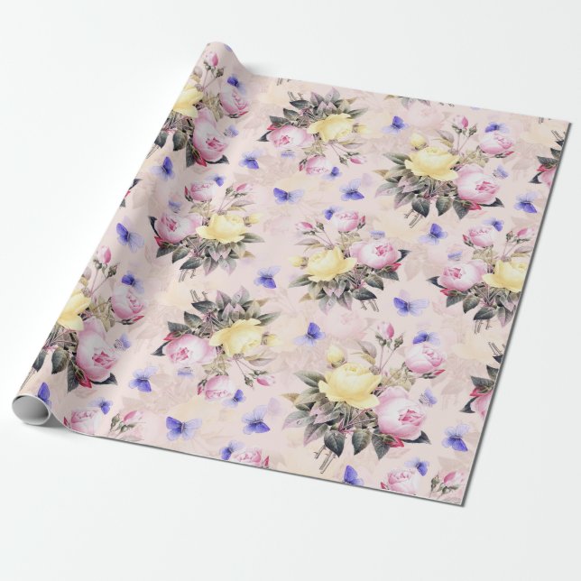 Papier Cadeau Antique Nostalgale Redouté Bouquets de fleurs Rose (Déroulé)