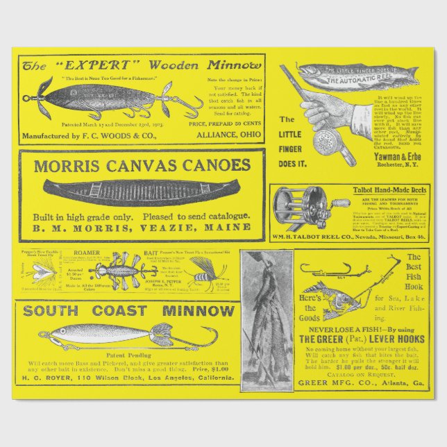 Papier Cadeau Antique Pêche Pêcheur Annonces Vers 1909 Lures Wr (Plat)