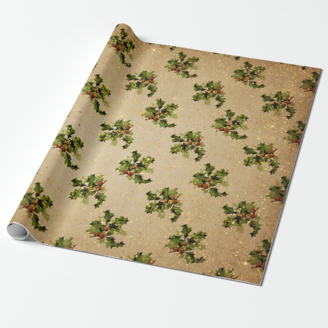 Papier Cadeau Antique Plante de Noël Rouge Joyeux Noël Or (Déroulé)