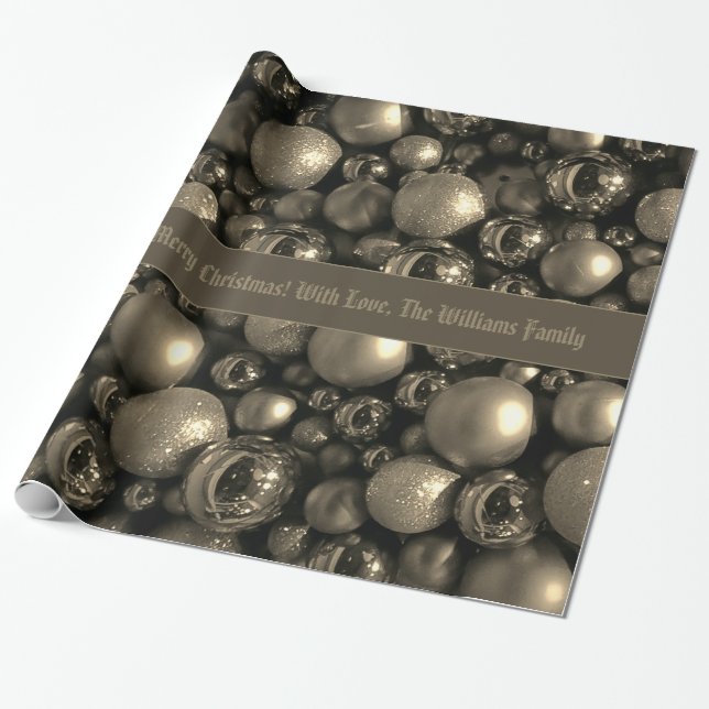 Papier Cadeau Antique Silver Grey Baubles de Noël Ajouter le tex (Déroulé)