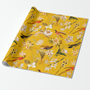 Papier Cadeau Antique Tropical Hummingbird Jungle Motif Jaune