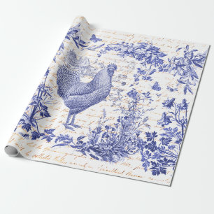 Papier Cadeau Antique Vintage Toile Bleu Toile Floral Script