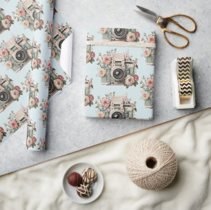 Papier Cadeau Appareil photo avec motif rétro pastel de fleurs