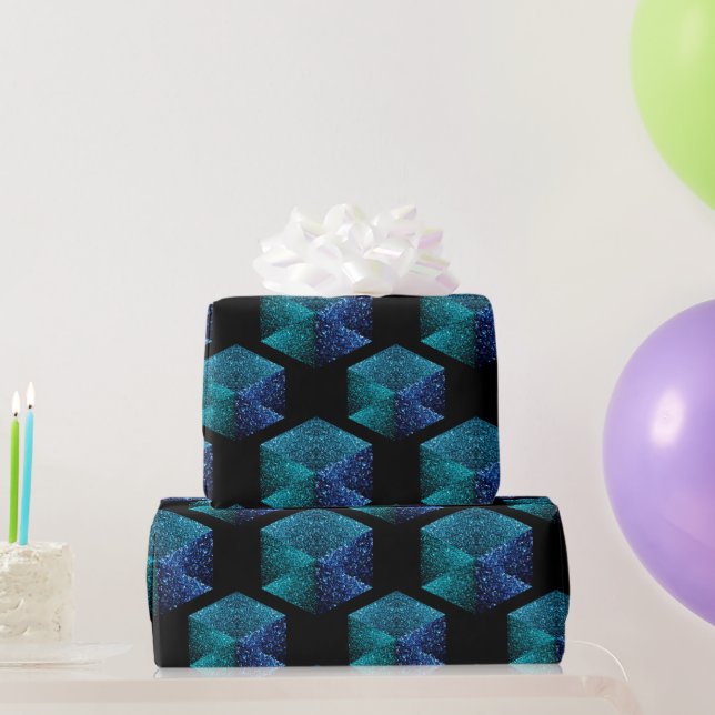 Papier Cadeau Aqua bleu scintille diamant motif géométrique noir (Cadeaux de fête)