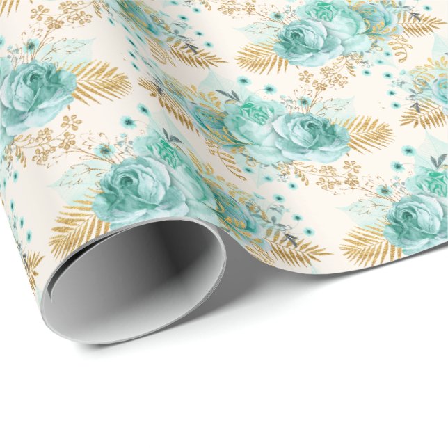 Papier Cadeau Aqua Cream Gold Floral (Coin rond)