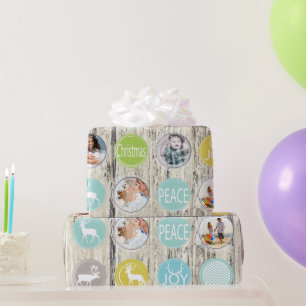 Papier Cadeau Aqua Family Photo Reindee Noël Joyeux Feu