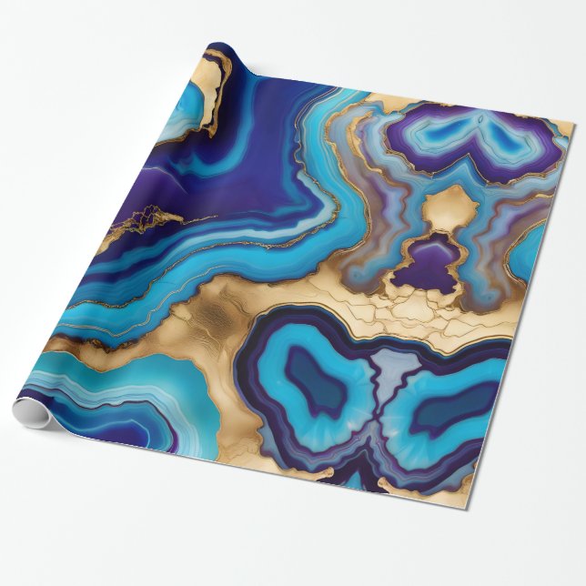 Papier Cadeau Aqua Gold Blue Purple Veins Agate (Déroulé)