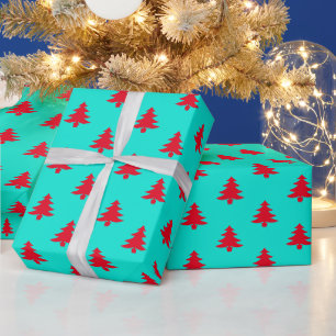 Papier Cadeau Aqua Rétro Et Arbres De Noël Rouges