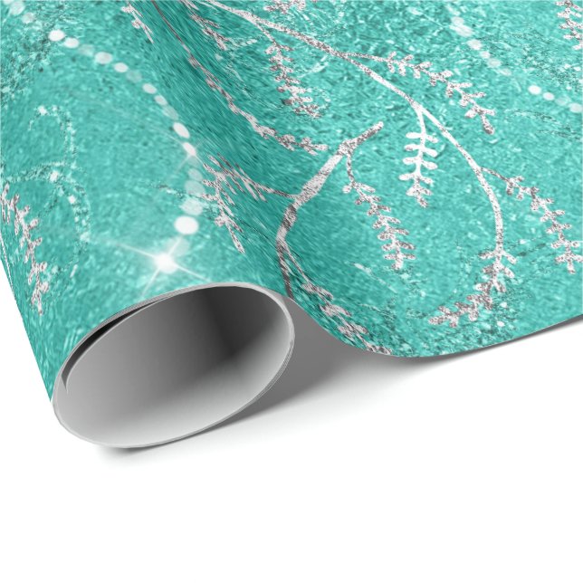 Papier Cadeau Aqua Tiffany Mint Laurel Floral Diamants d'argent (Coin rond)