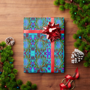 Papier Cadeau Aquamarine et Succulente Verte Rosette de Sedum