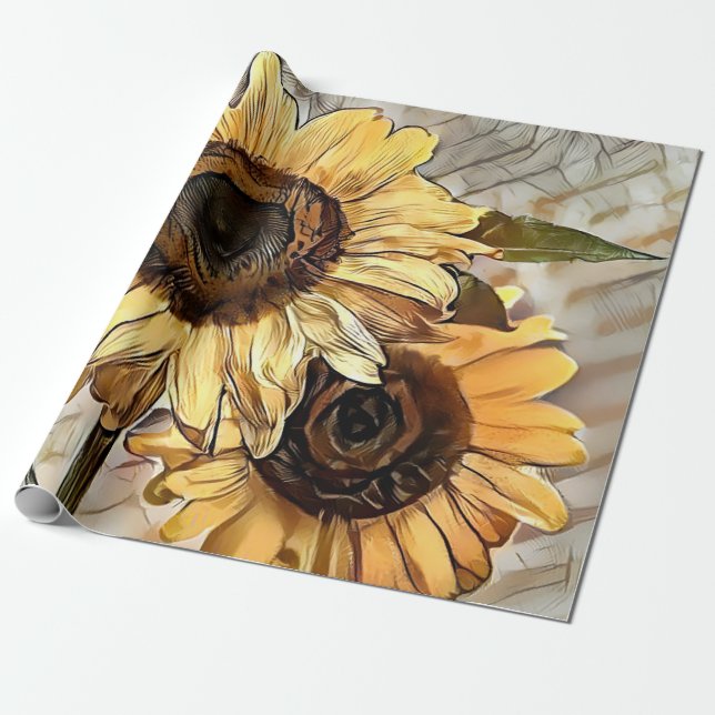 Papier Cadeau Aquarelle 2 Tournesols brillants Collection élégan (Déroulé)