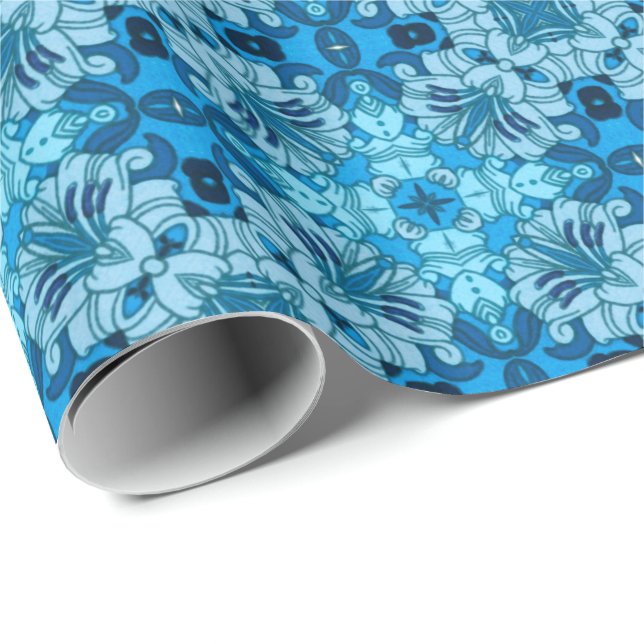 Papier Cadeau Aquarelle Abstraite Floral Denim Blue (Coin rond)