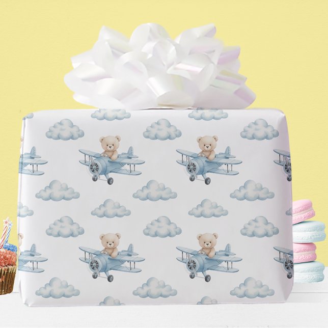 Papier Cadeau Aquarelle adorable Ours en peluche Avion (Créateur téléchargé)