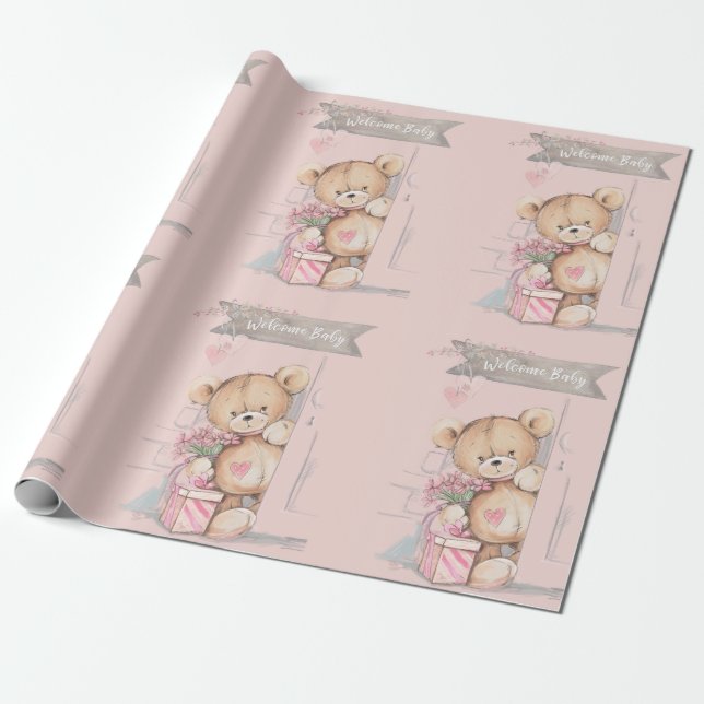 Papier Cadeau Aquarelle adorable Ours en peluche Bienvenue bébé (Déroulé)