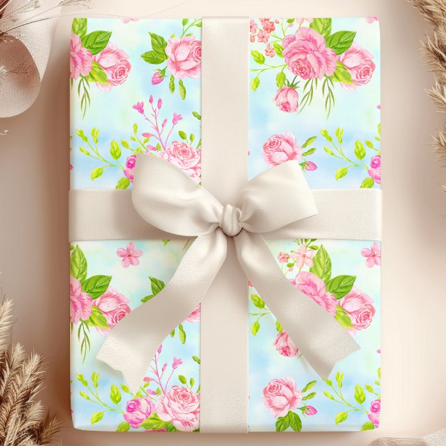 Papier Cadeau Aquarelle Anglais Floral Rose sur Bleu (Créateur téléchargé)