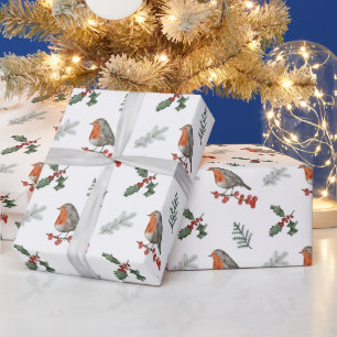 Papier Cadeau Aquarelle Anglais Robin Noël Cadeau de Noël