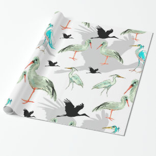 Papier Cadeau Aquarelle Animaux - Héron, oiseaux, Bleu, Aiguille
