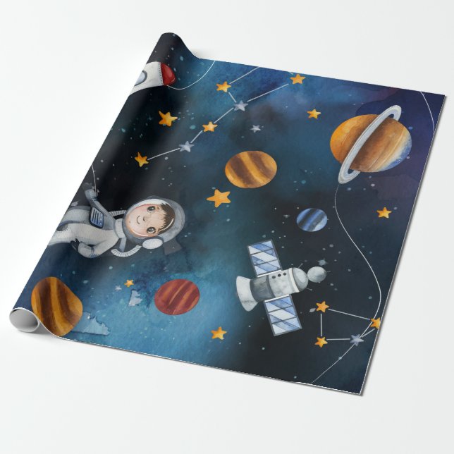 Papier Cadeau Aquarelle Anniversaire de enfant de l'espace extra (Déroulé)