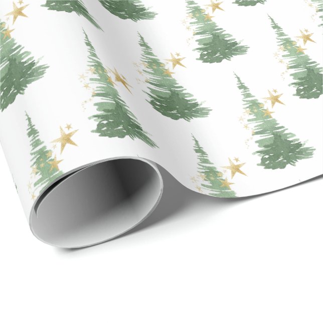 Papier Cadeau Aquarelle Arbre À feuillage persistant avec étoile (Coin rond)