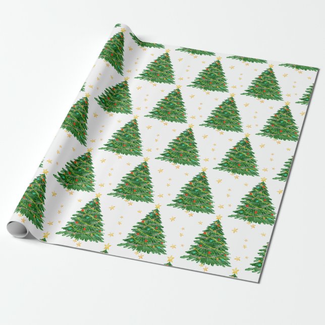 Papier Cadeau Aquarelle Arbre Joyeux Papier d'enveloppement de N (Déroulé)
