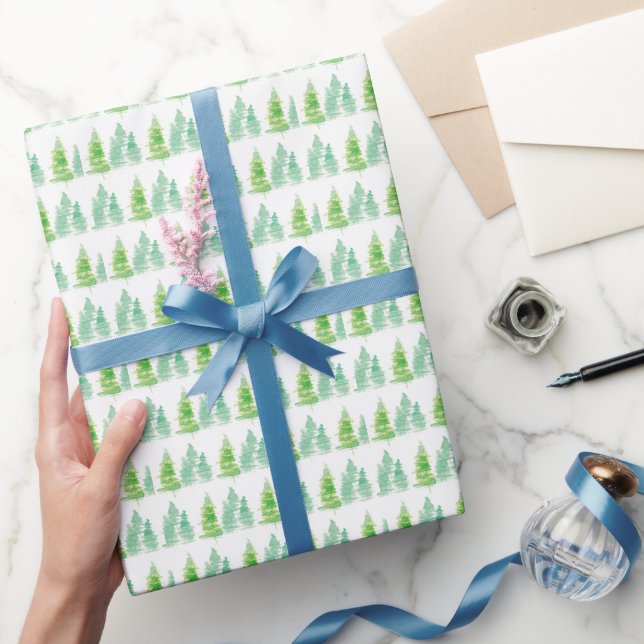 Papier Cadeau Aquarelle Arbres de Noël Vert Blanc (Cadeaux)