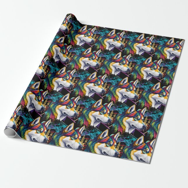 Papier Cadeau Aquarelle arc-en-ciel Sibérienne Husky (Déroulé)