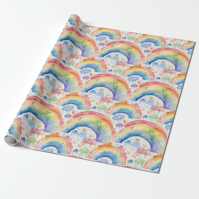 Papier Cadeau Aquarelle Arcs-en-ciel et nuages (Déroulé)