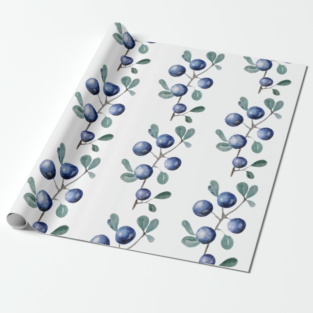 Papier Cadeau Aquarelle Artistique mignonne Bleus Feuilles de fr (Déroulé)