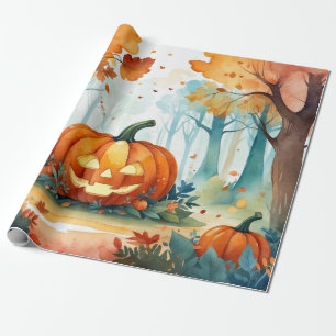 Papier Cadeau Aquarelle Automne Forêt Citrouille Feuilles d'auto