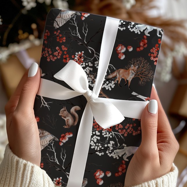 Papier Cadeau Aquarelle Baies et animaux de bois Noël (Créateur téléchargé)