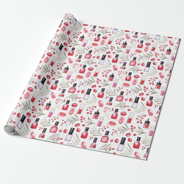 Papier Cadeau Aquarelle beauté articles rouge à lèvres floraux d (Déroulé)