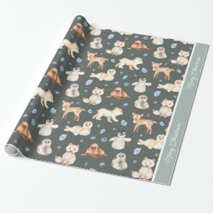 Papier Cadeau Aquarelle Bébé Animaux d'hiver sur Noël vert
