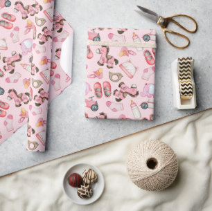 Papier Cadeau Aquarelle Bébé Fille Jouets Motif Vêtements Douche