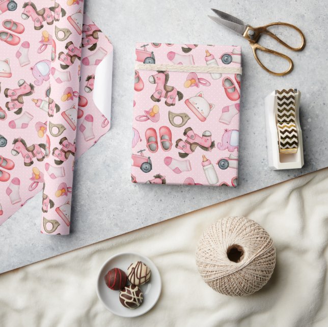 Papier Cadeau Aquarelle Bébé Fille Jouets Motif Vêtements Douche (Artisanat)