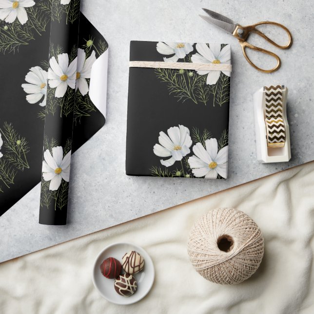 Papier Cadeau Aquarelle Blanc Cosmos Fleurs Peinture Botanique (Artisanat)