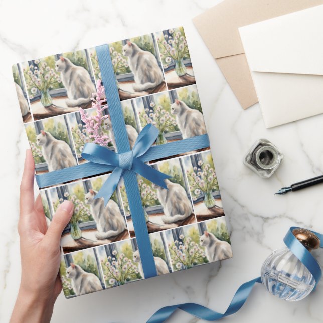 Papier Cadeau Aquarelle blanc Kitty et marguerites (Cadeaux)