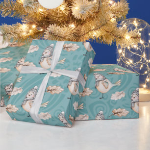 Papier Cadeau Aquarelle bleu Bruant de neige peinte à la main