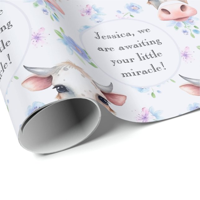 Papier Cadeau Aquarelle bleu clair style Vache ferme texte anima (Coin rond)