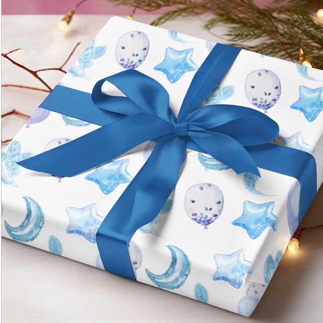 Papier Cadeau Aquarelle Bleu Cute Balloon Baby Boy Boho Motif (Créateur téléchargé)